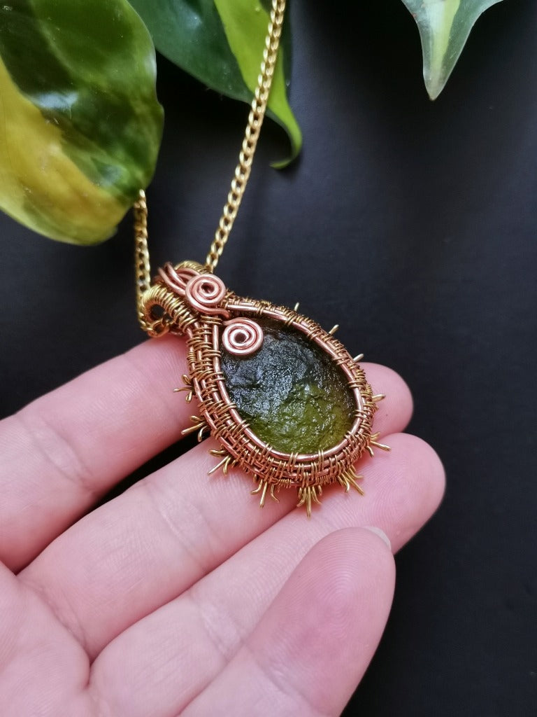 GREEN SUN PENDANT - Copper and brass Sun wire wrapped around a textured glass stone - Available image 4