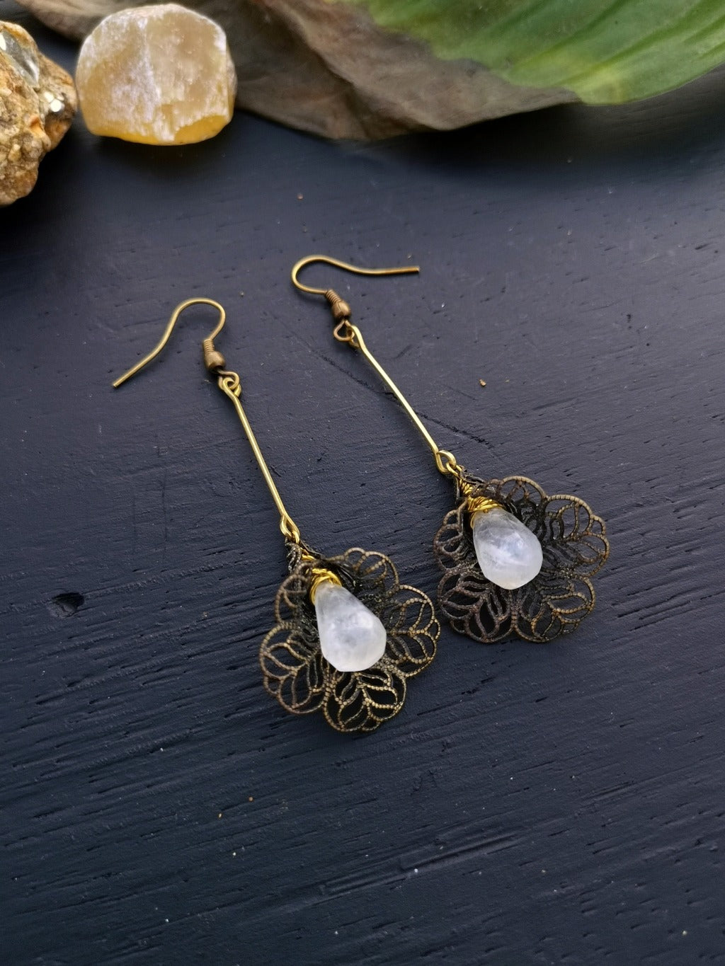 FLOWER RAINBOW MOONSTONE EARRRINGS - Available image 1