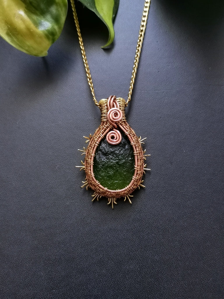 Forest Creations Handcrafted Green Glass Stone Sun Pendant — Copper & Brass Wire