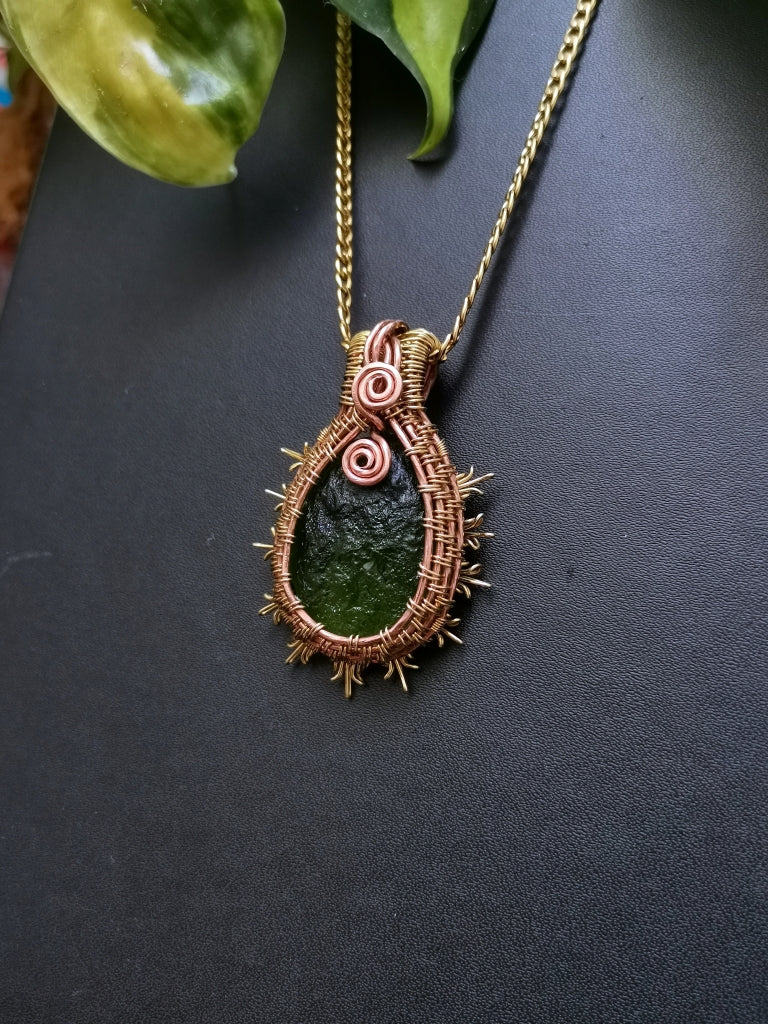 Forest Creations Handcrafted Green Glass Stone Sun Pendant — Copper & Brass Wire