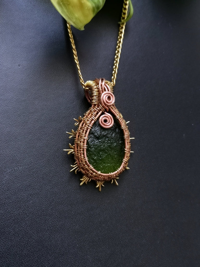 Forest Creations Handcrafted Green Glass Stone Sun Pendant — Copper & Brass Wire