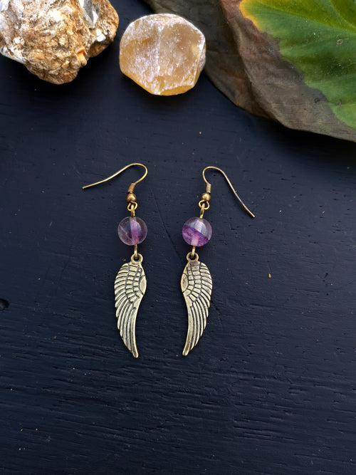 Amethyst Wing Charm Crystal Earrings