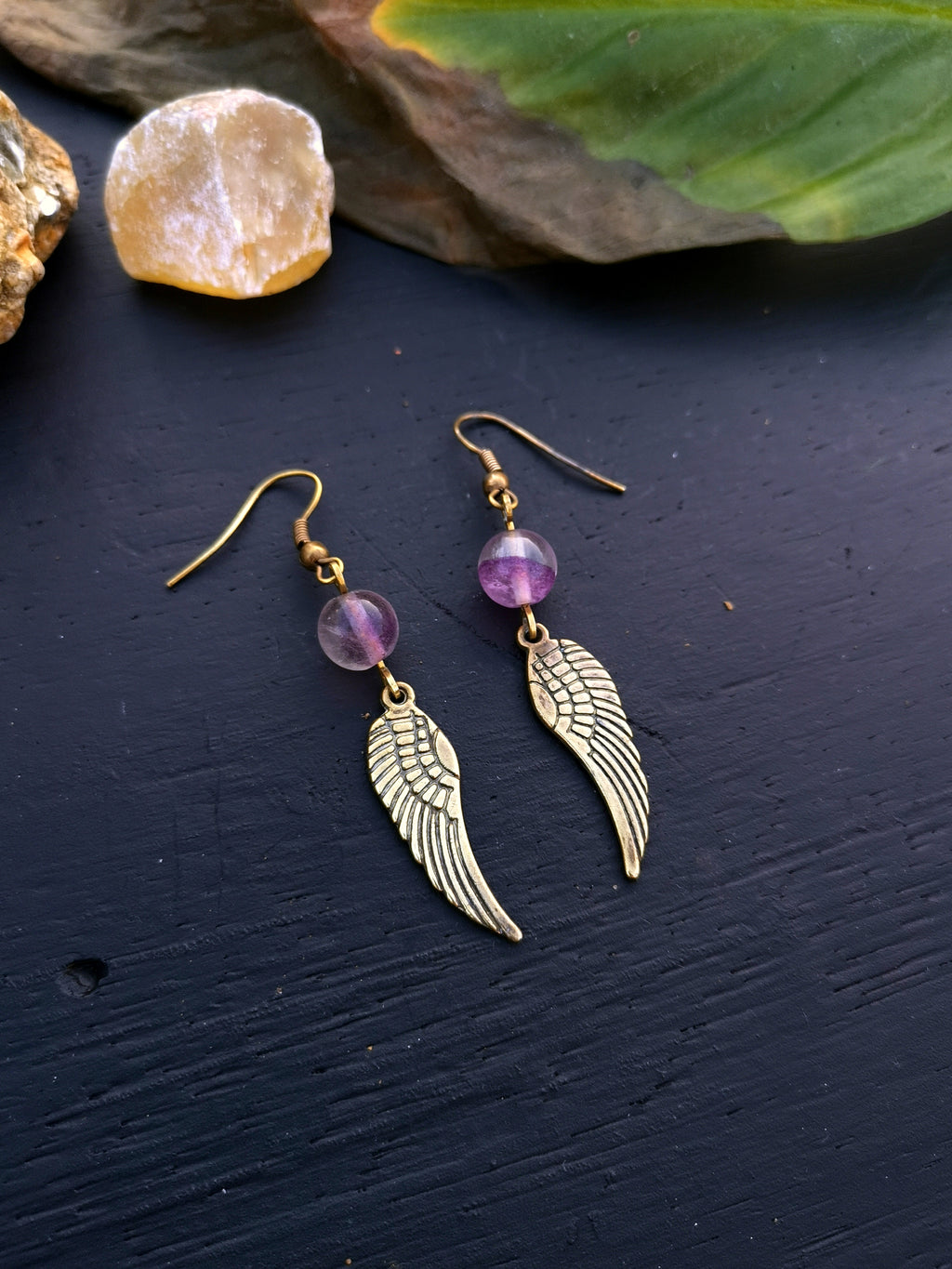 Amethyst Wing Charm Crystal Earrings