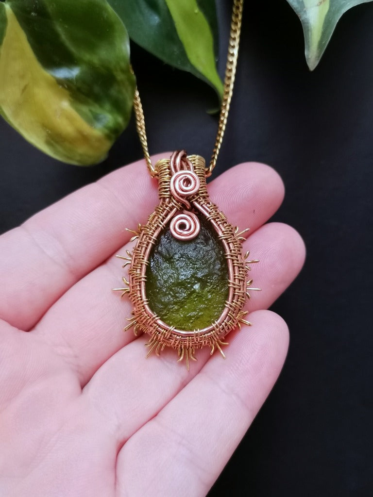 GREEN SUN PENDANT - Copper and brass Sun wire wrapped around a textured glass stone - Available image 6