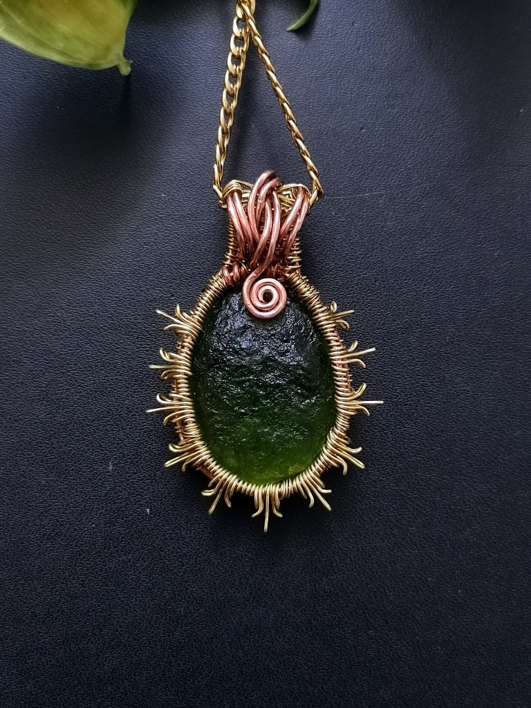 GREEN SUN PENDANT - Copper and brass Sun wire wrapped around a textured glass stone - Available image 3