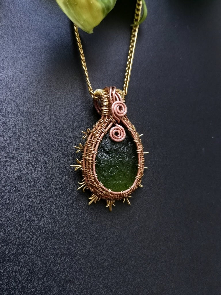 GREEN SUN PENDANT - Copper and brass Sun wire wrapped around a textured glass stone - Available image 2