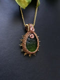 GREEN SUN PENDANT - Copper and brass Sun wire wrapped around a textured glass stone - Available image 2